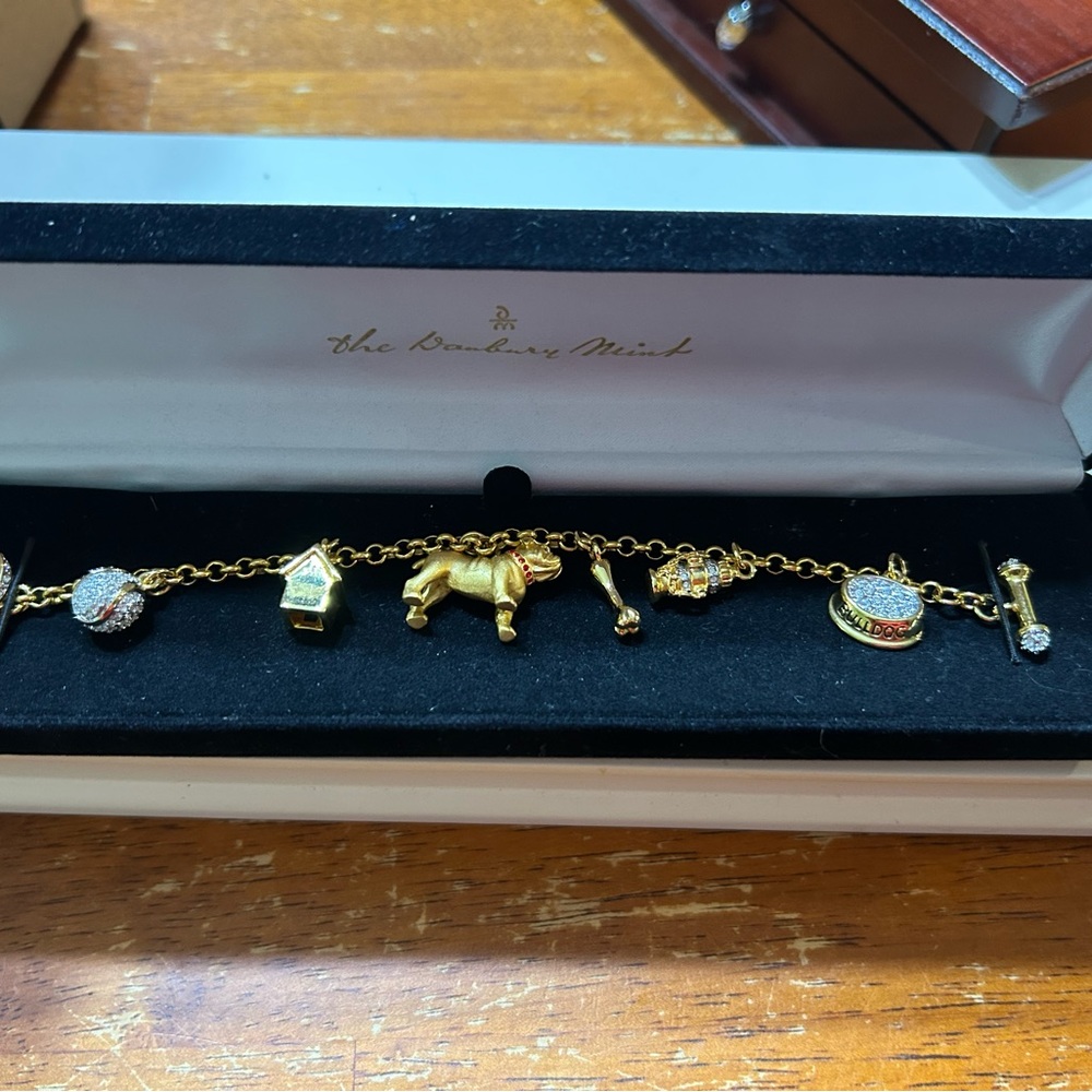 Danbury Mint Gold Plated Bulldog Charm Bracelet With Rhinestones